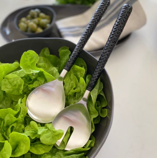 Black Plaited Wicker Salad Servers